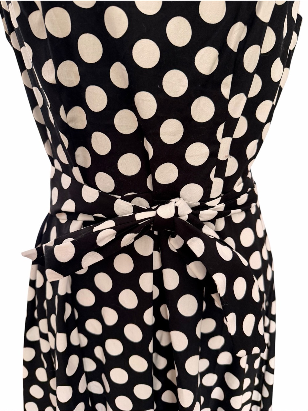 Large Polka Dot Tie-Waist Fit and Flare Dress Black White Cap Sleeves Cotton - Picture 2 of 7